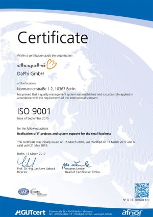 Das Berliner IT Systemhaus DaPhi ist nach DIN ISO 9001:2015 zertifiziert