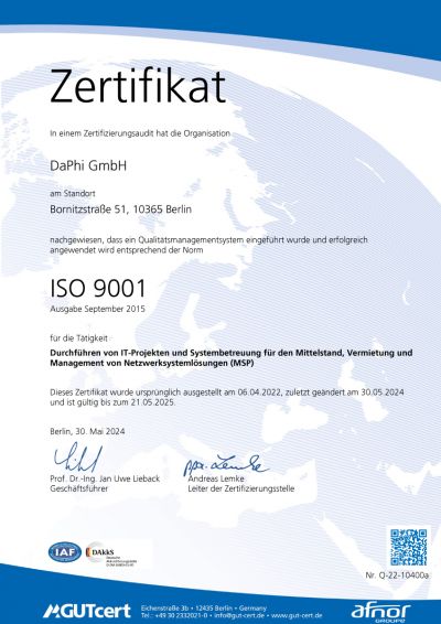 DIN EN ISO9001:2015 Zertifikat DaPhi